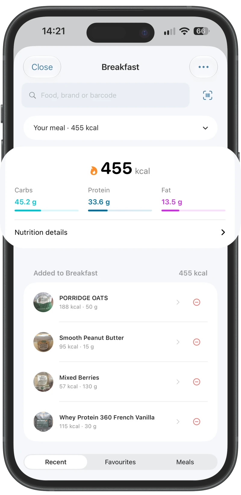 Check calories, macros and the available portions before adding a food.