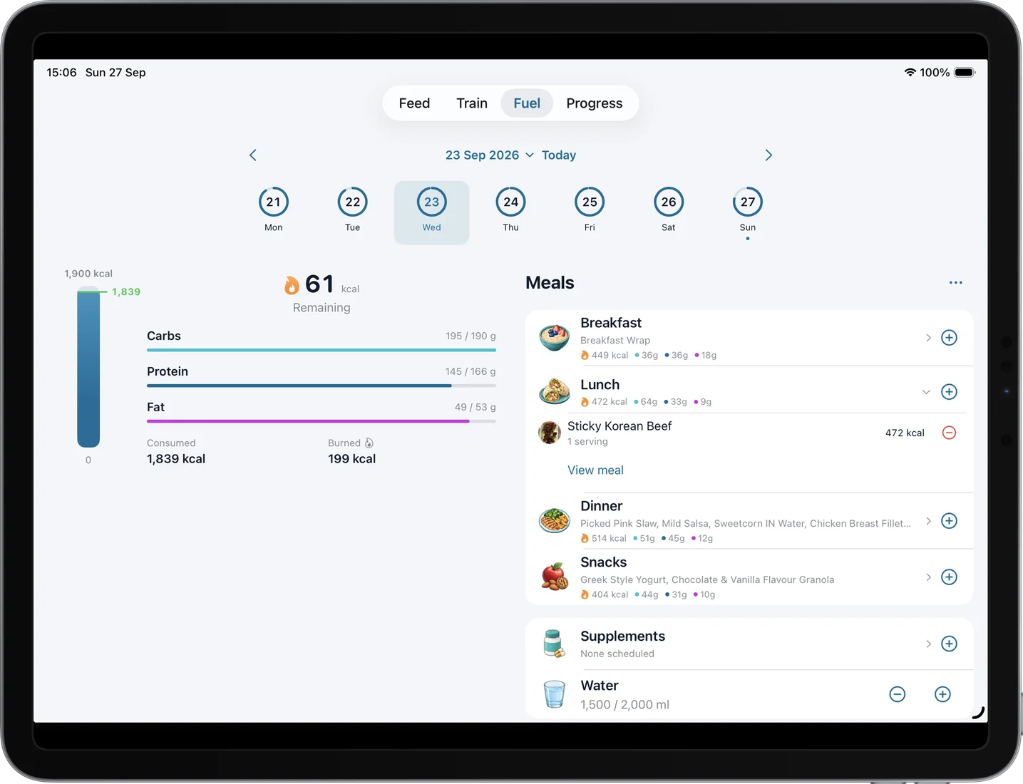 Gorivo iPad food diary showing a populated week, calories, macros and meals